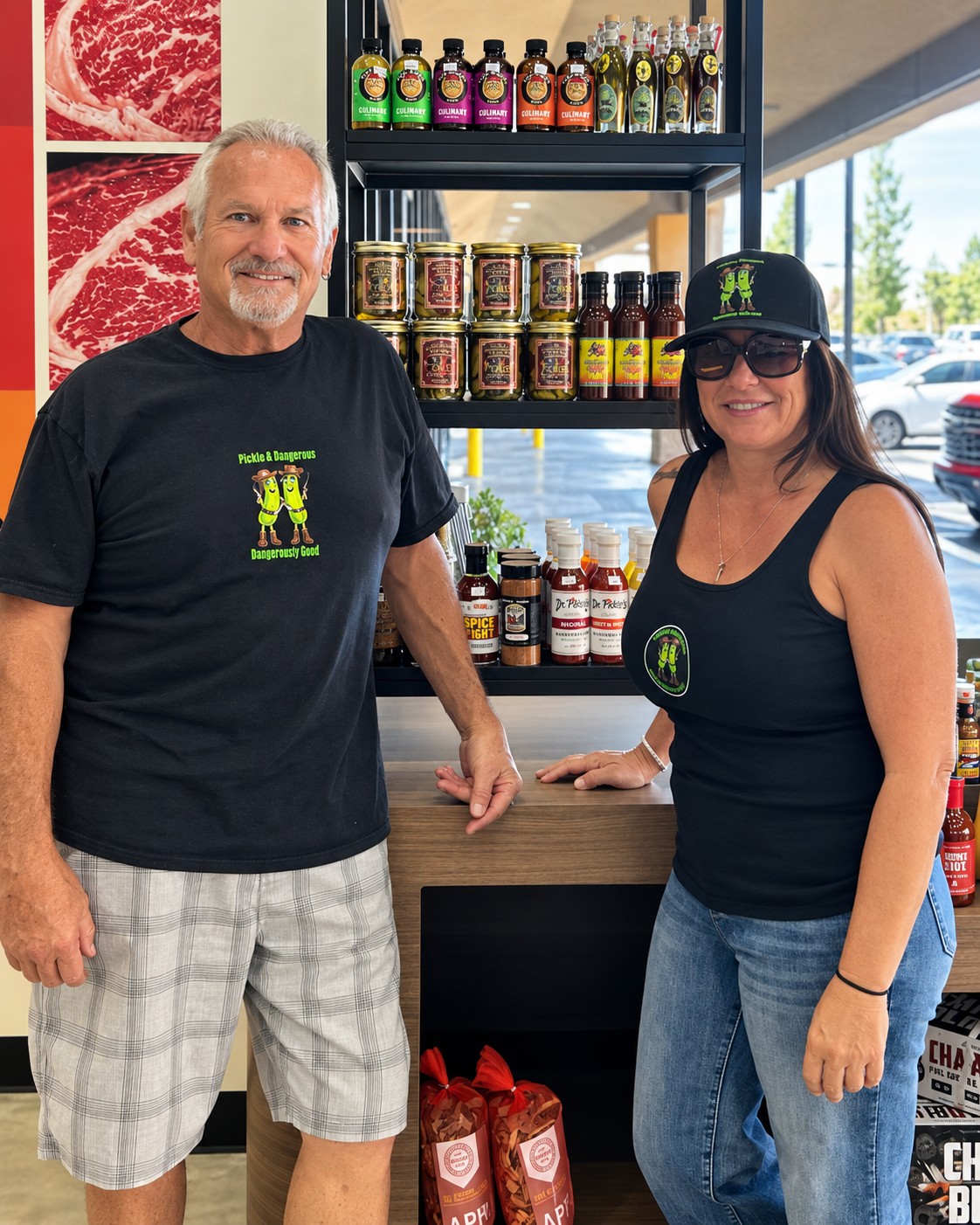 The people behind Pickled & Dangerous beside their pickle display